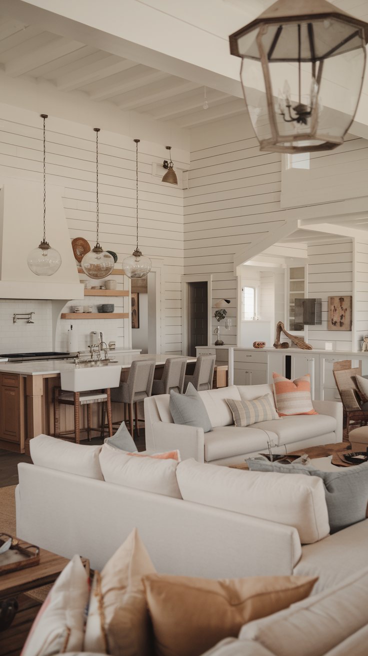 modern farmhouse open concept kitchen and living room. Shiplap walls, farmhouse sink in the kitchen, vintage-inspired pendant lights.  Large kitchen island with seating. Comfortable, modern sofas and chairs in the living area. Warm white and soft pastel color palette