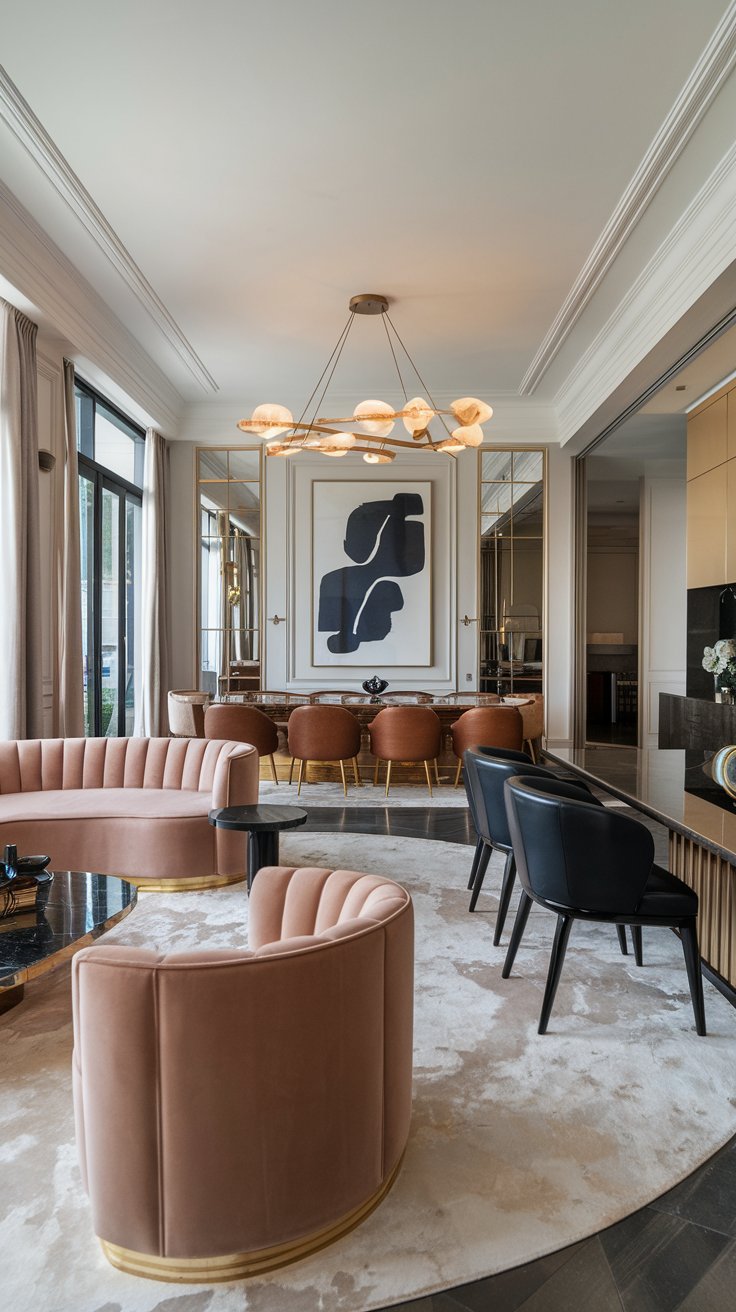 elegant contemporary open concept living and dining room. Sleek, minimalist furniture in velvet and leather. Large abstract art piece on the wall. Statement chandelier lighting. Neutral color palette with accents of gold and deep blue. Polished surfaces, large windows