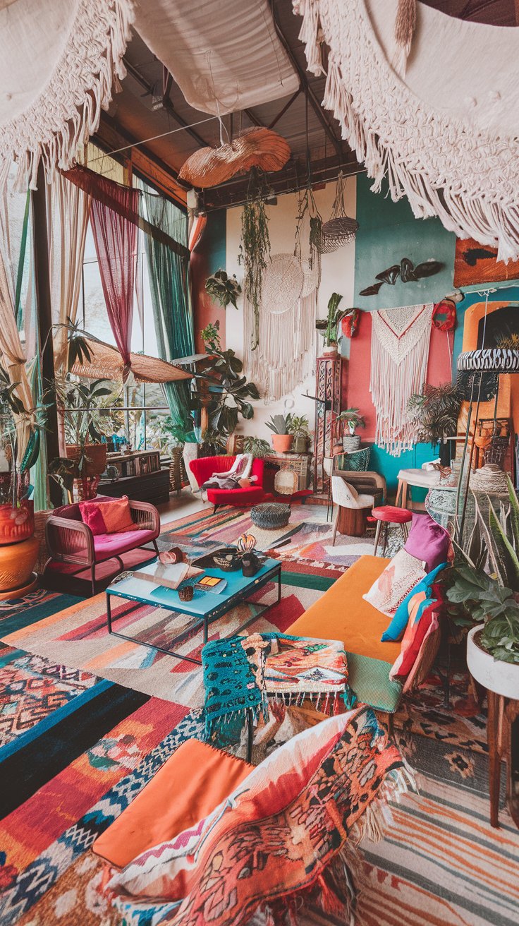 bohemian open concept living room.  Eclectic mix of furniture, vibrant colors, layered textiles, globally-inspired patterns, and many plants. Macrame wall hangings, colorful rugs, vintage furniture pieces. Large windows with flowing curtains