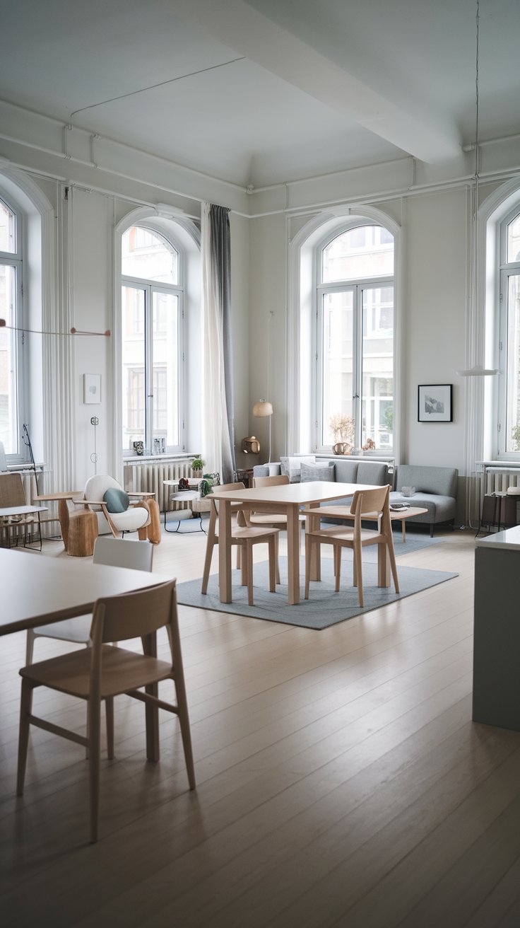 Scandinavian open concept living and dining area. White walls, light wood flooring, large windows with minimal window treatments. Minimalist, functional furniture with clean lines. Light wood dining table and chairs. Muted color palette with greys, whites, and light blues.  Bright, airy, and uncluttered atmosphere