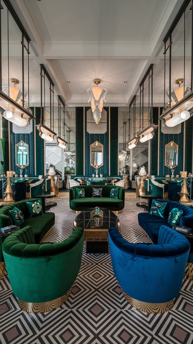 glamorous Art Deco inspired open concept living room. Geometric patterns, velvet furniture in jewel tones (emerald green and sapphire blue), gold accents, statement mirrors. Sculptural furniture, dramatic lighting fixtures. Polished surfaces, high ceilings