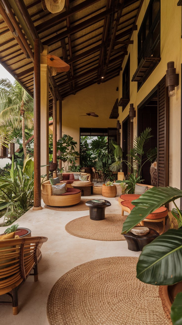 tropical open-air open concept living space.  Bamboo and rattan furniture, dark wood accents. Abundance of lush indoor plants. Large open walls or windows overlooking tropical greenery. Warm, earthy color palette with vibrant greens and floral accents.