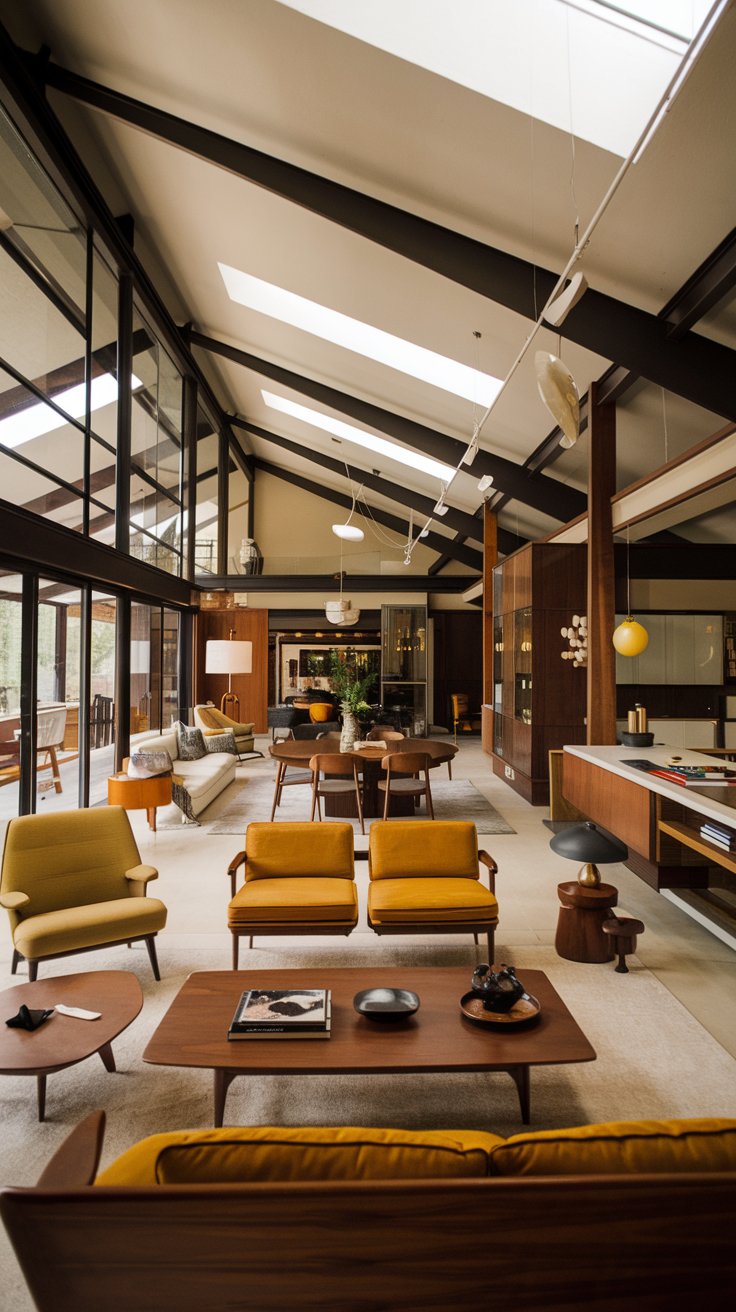 Mid-Century Modern open concept living and dining room. Clean lines, organic shapes, mix of wood, metal, and glass. Sleek, low-profile furniture in warm woods and mustard yellow and avocado green accents. Iconic Mid-Century Modern furniture pieces. Large windows and skylights.