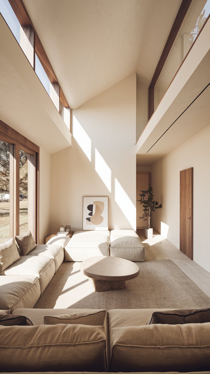 a real minimalist tiny house living room interior. Sunlight streams through a large, unadorned window, highlighting the clean lines of the space. A simple, low-slung sofa in a neutral linen fabric anchors the room. A single, sculptural coffee table made of natural wood sits centrally. Walls are painted in a soft, off-white