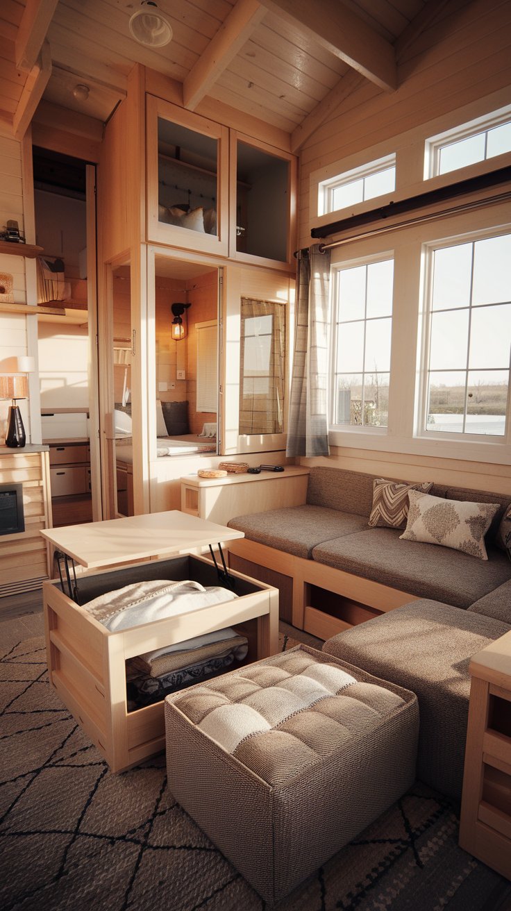 a real tiny house living space showcasing multi-functional furniture. A stylish sofa seamlessly converts into a comfortable bed. A coffee table with lift-top reveals hidden storage for blankets and pillows. Ottomans with removable tops provide extra seating and storage. The room is bathed in warm, inviting light. Show the furniture in both its seating and storage configurations.