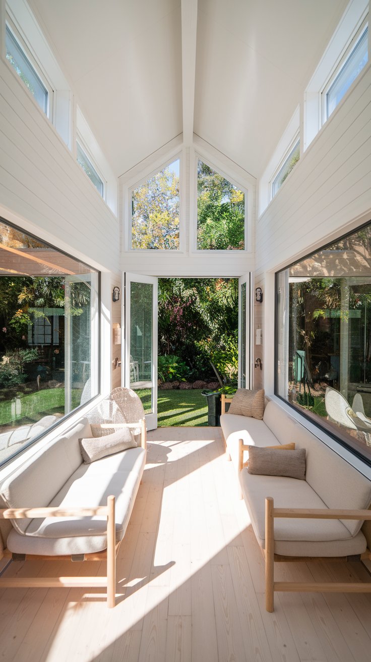 a real tiny house living room bathed in natural light. Large windows frame a lush outdoor garden, blurring the lines between interior and exterior. Walls are painted in a crisp white. Light-colored wood flooring reflects the sunlight. Minimal furniture in light, natural tones