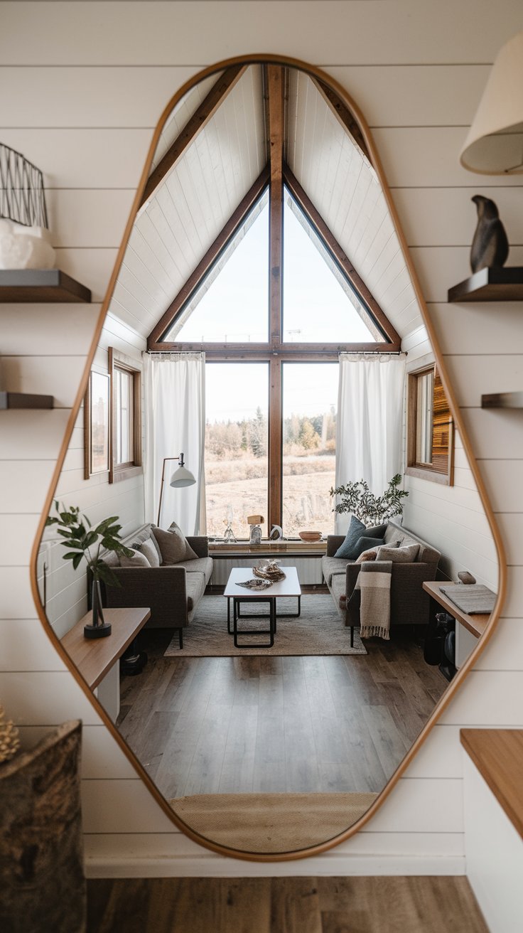 a real tiny house living room with a large mirror as a focal point. A floor-to-ceiling mirror is placed opposite a window, reflecting the outdoor scenery and doubling the perceived space. The room is decorated in a contemporary style with clean lines and minimalist furniture.a real tiny house living room with a large mirror as a focal point. A floor-to-ceiling mirror is placed opposite a window, reflecting the outdoor scenery and doubling the perceived space. The room is decorated in a contemporary style with clean lines and minimalist furniture