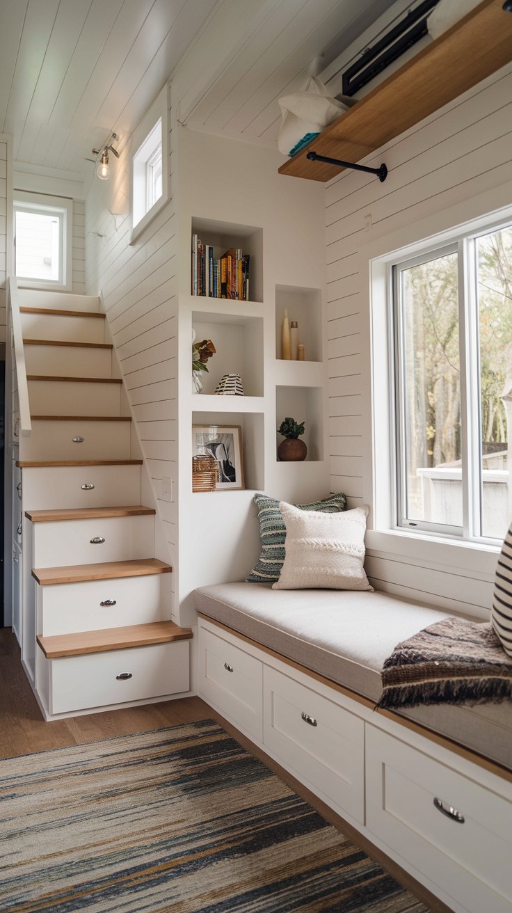 a real tiny house living room showcasing clever hidden storage. A built-in window seat with a hinged top reveals storage space for blankets and pillows. Drawers are seamlessly integrated into the base of a staircase. Wall niches are used as recessed shelving for books and decorative items. The room is tidy and uncluttered, with no visible storage clutter