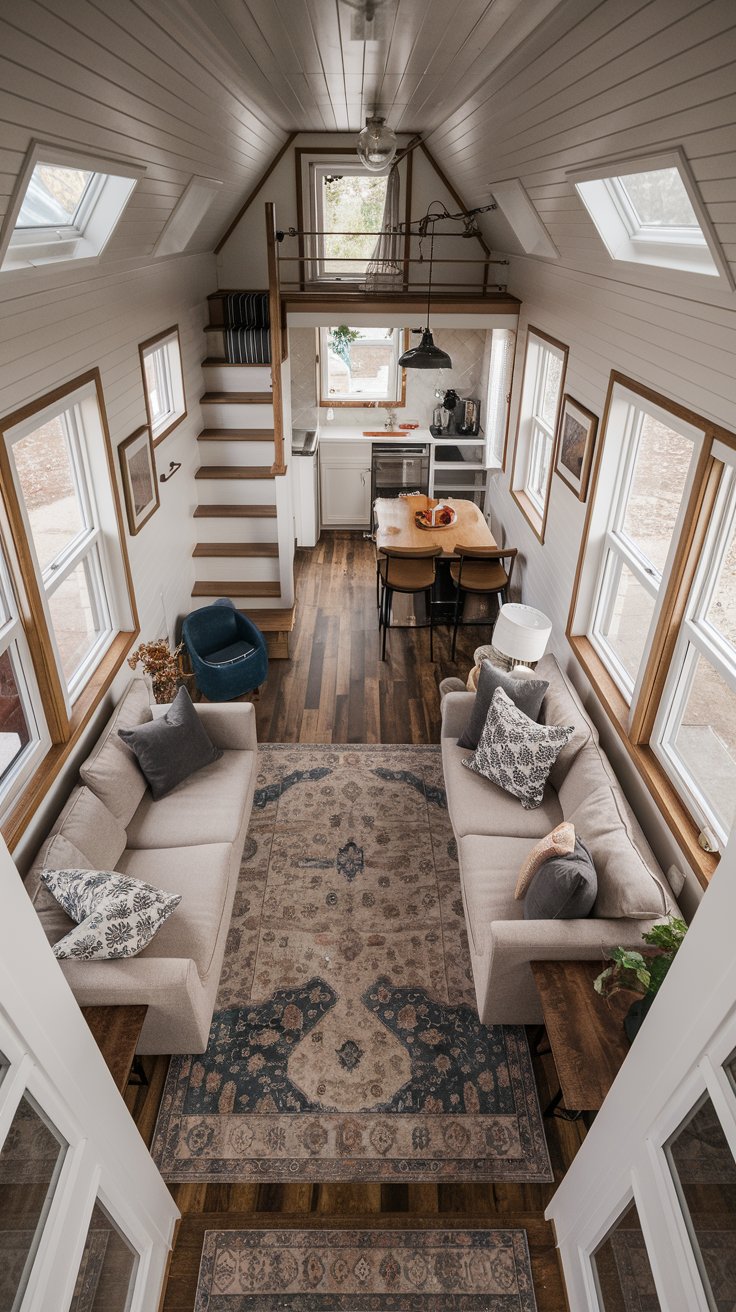 a real tiny house open-plan living space with distinct zones defined without walls. A large area rug visually separates the living area from the dining area. Pendant lights hanging above the dining table define the eating zone. Furniture arrangement creates natural pathways and boundaries. The space flows seamlessly yet feels organized and defined.