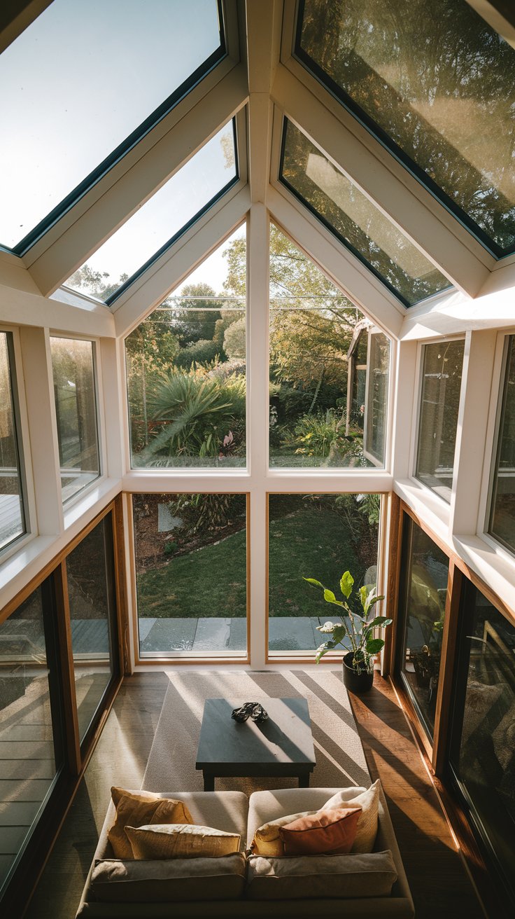 a real tiny house living room with expansive windows overlooking a lush garden. Sunlight floods the room, casting warm shadows and highlighting natural textures. The windows are the dominant architectural feature, creating a strong connection to the outdoors. Minimalist interior design allows the natural light and outdoor views to take center stage