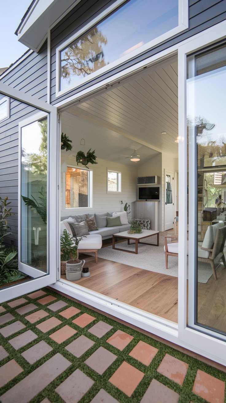 a real tiny house living room seamlessly extending to an outdoor patio. Sliding glass doors are fully open, blurring the line between indoors and outdoors. The interior flooring material extends onto the patio, creating visual continuity. Outdoor furniture mirrors the style of the interior furniture. Greenery and plants are used to further merge the two spaces. Focus on the seamless flow and spatial extension