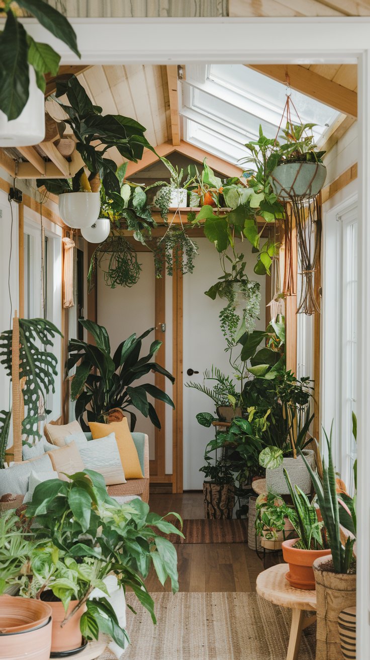 a real tiny house living room filled with indoor plants. Potted plants of varying sizes and textures are strategically placed throughout the room, adding life and vibrancy. Hanging planters cascade from the ceiling, creating a vertical garden effect. Natural light enhances the greenery and creates a fresh, biophilic atmosphere. The room is decorated in natural materials and earthy tones.