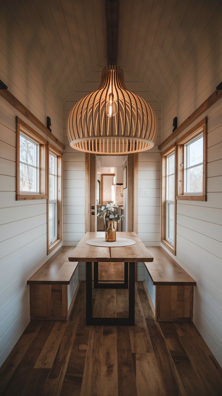 a real tiny house dining area featuring a statement pendant light. A striking, modern pendant light hangs dramatically above a small dining table, serving as a focal point and defining the dining zone. The light fixture is sculptural and visually interesting. The surrounding area is minimalist and uncluttered, allowing the light to stand out.