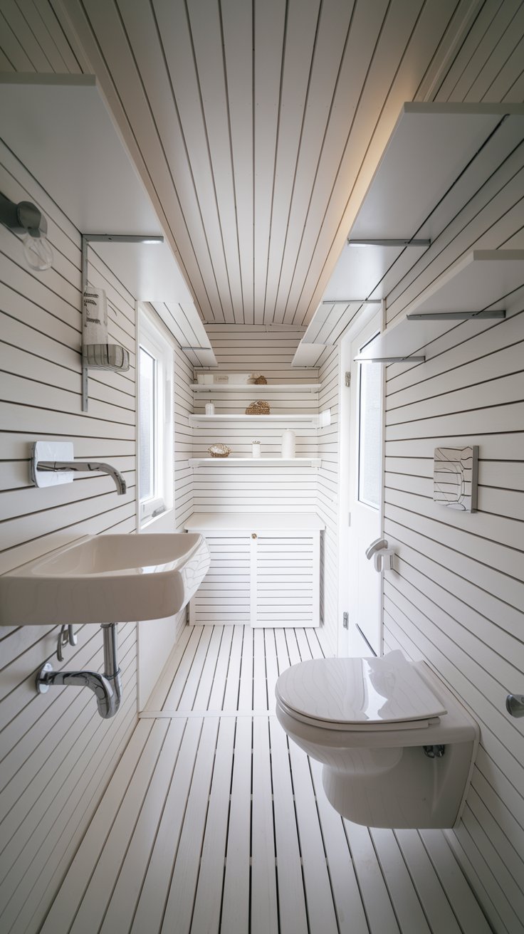 a real tiny house bathroom featuring wall-mounted fixtures. A sleek, wall-mounted sink and toilet create a sense of spaciousness and modernity. Floating shelves provide storage without taking up floor space. The bathroom is minimalist and uncluttered, with clean lines and a light color palette.