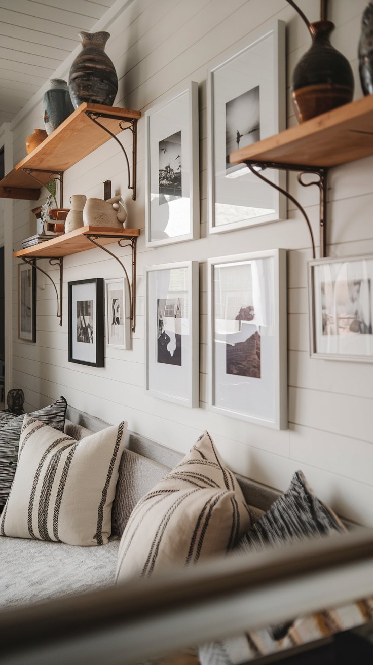 a real tiny house living room with carefully chosen personal accents. A gallery wall of framed photographs adds character and visual interest without cluttering surfaces. Handcrafted ceramic vases are displayed on open shelves. Textiles with subtle patterns add warmth and texture to the minimalist interior. The room feels personal and inviting, reflecting the homeowner's style.