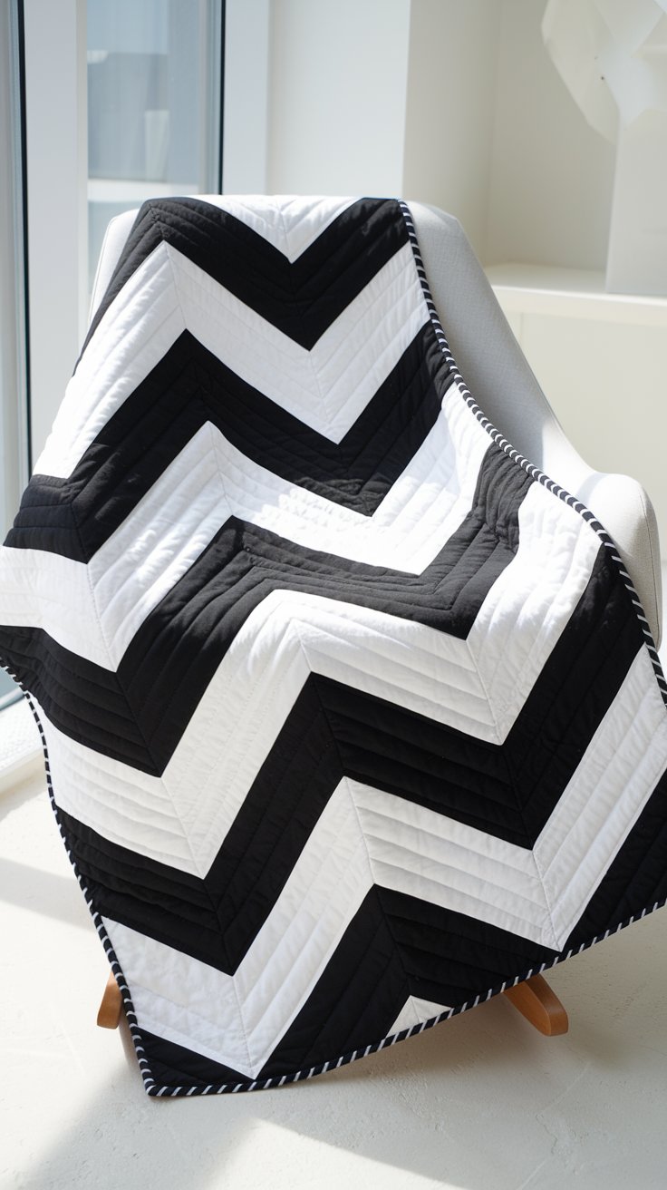 a modern baby quilt featuring a bold chevron pattern in contrasting black and white fabrics. The chevrons are large and graphic, creating a dynamic sense of movement. The quilt is draped over a modern white rocking chair with a wooden base, placed in a bright, minimalist nursery with a large window.