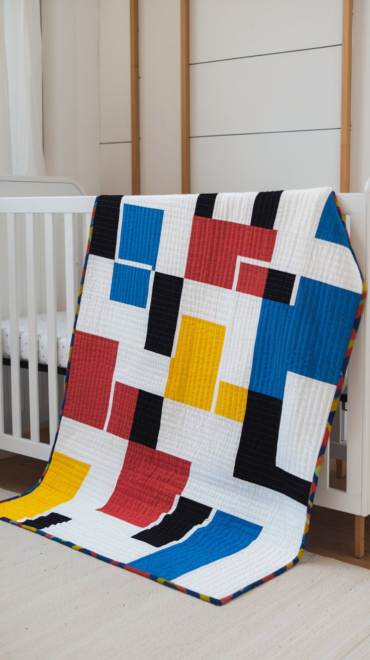 a modern baby quilt with a color block design inspired by De Stijl art. The quilt is composed of rectangles and squares in primary colors (red, blue, yellow) and black and white. The blocks are arranged asymmetrically, creating a balanced yet dynamic composition. The quilt is displayed on a white crib with clean lines, in a brightly lit room with white walls and wooden accents.  The quilting is minimal, perhaps just outlining the color blocks.
