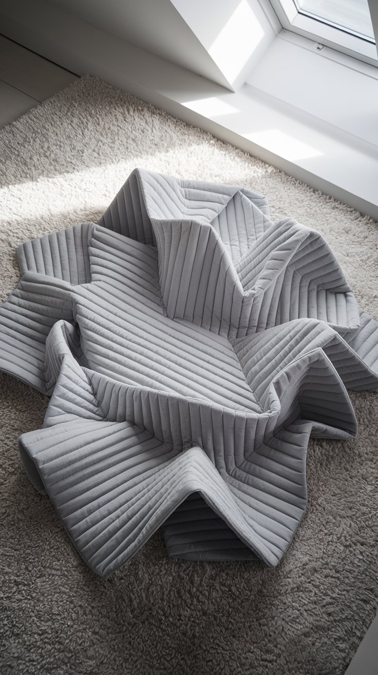 a modern baby quilt with an origami fold design. The quilt is made in a single, soft, textured grey fabric, with the origami folds creating a three-dimensional, topographical surface. The quilt is placed on a plush white rug in a minimalist nursery.  Soft, diffused light from a skylight above highlights the shadows and textures created by the folds.