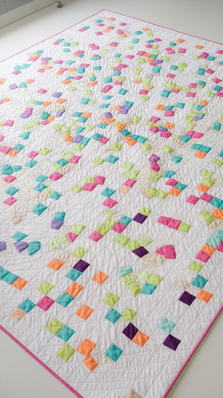 a modern baby quilt with a "confetti scatter" design. The quilt is white with small, randomly scattered squares of bright, vibrant colors (pink, turquoise, lime green, orange, purple). The squares appear to be floating or scattered across the white background, creating a playful and energetic effect. The quilt is laid out on a clean white surface in a brightly lit studio