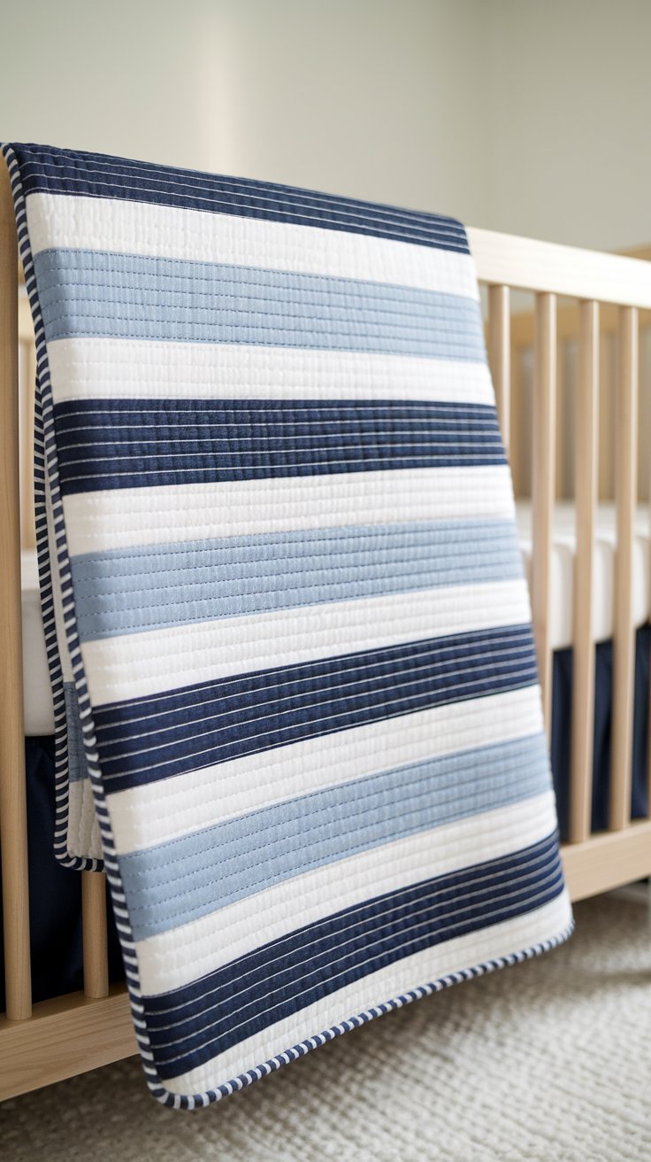 a modern baby quilt with a simple striped design. The quilt features wide horizontal stripes in varying shades of blue (navy, denim, sky blue, white). The stripes are clean and crisp, creating a sense of linear harmony. The quilt is folded neatly at the foot of a modern crib with light wood accents, in a calm and serene nursery with soft lighting.
