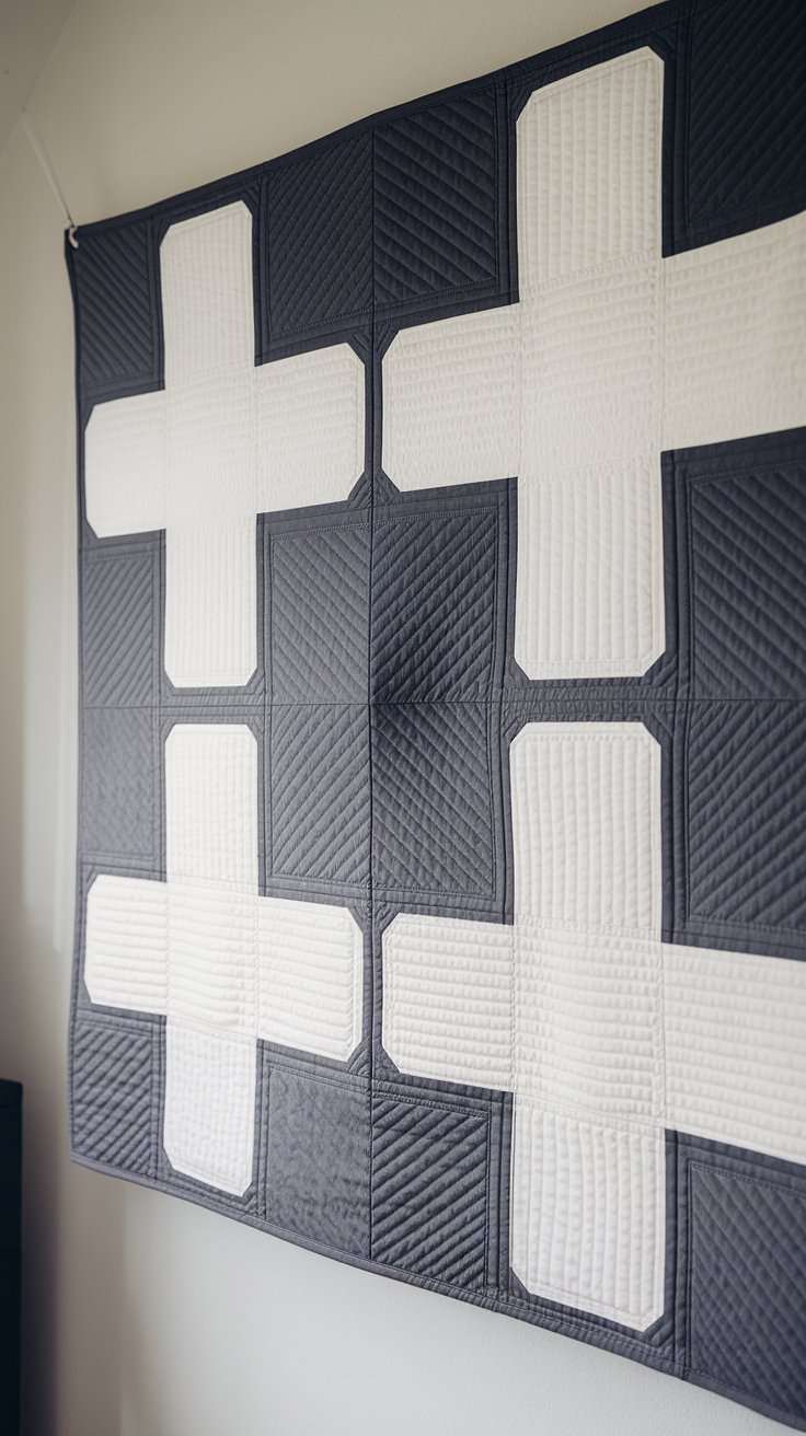 a modern baby quilt with a "plus sign play" design. The quilt features large white plus signs on a solid dark grey background. The plus signs are bold and graphic, creating a strong visual impact. The quilt is hanging on a white wall in a modern nursery, casting a slight shadow.