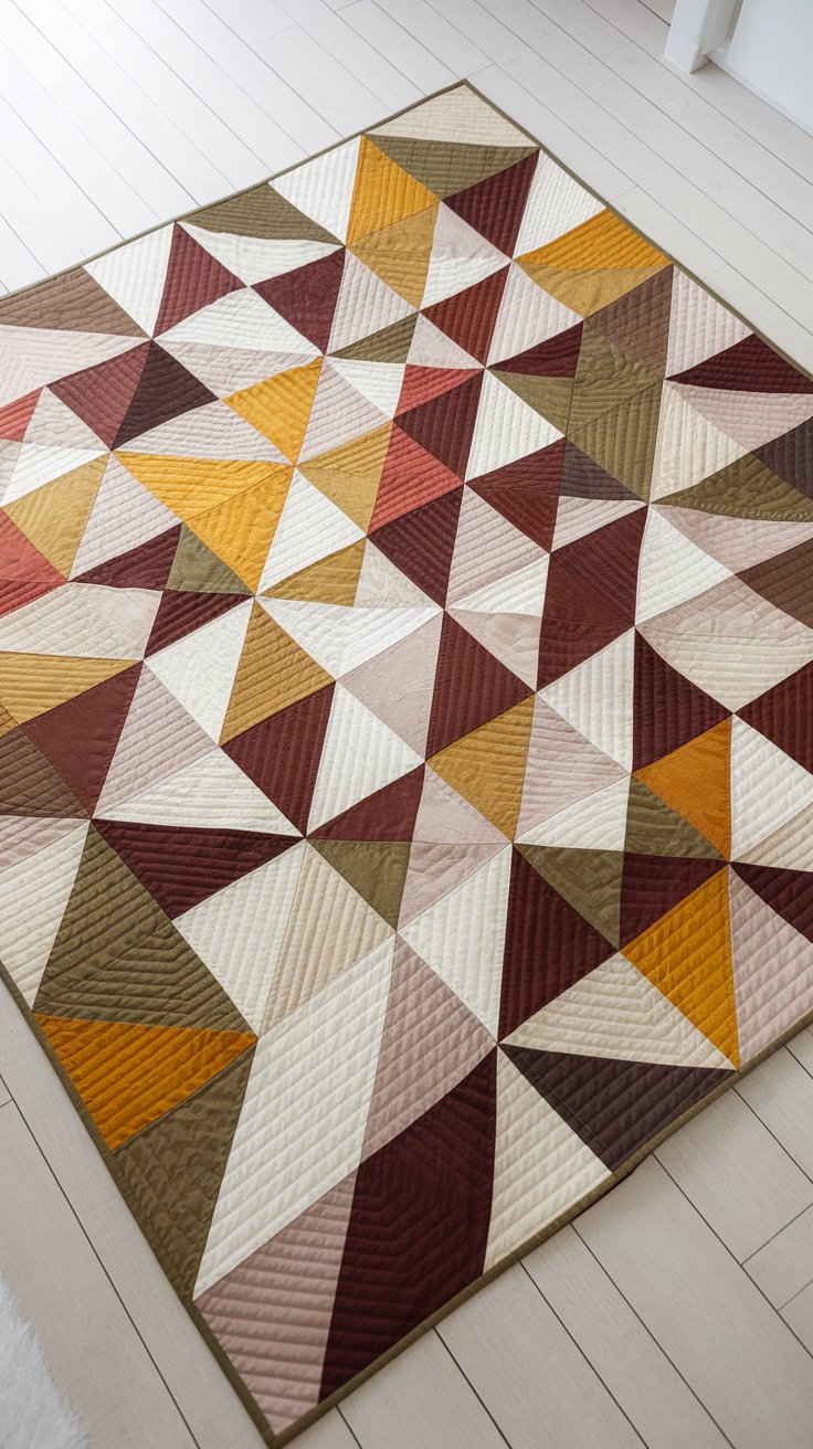 a modern baby quilt featuring a geometric triangle pattern. The quilt is made up of various sized triangles in a range of earthy and muted colors (mustard, rust, olive, cream, beige). The triangles are arranged to create a dynamic, almost mosaic-like effect. The quilt is laid flat on a light-colored wooden floor in a bright, natural nursery setting.