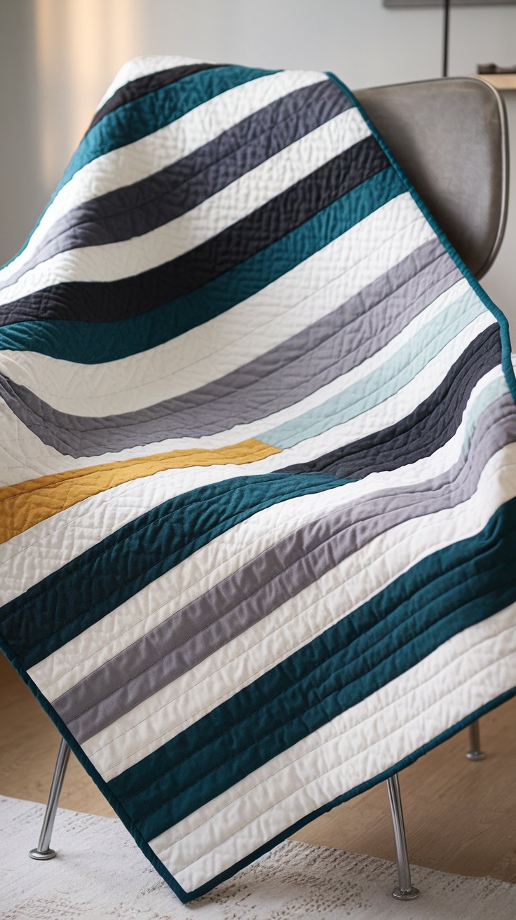 a modern baby quilt with an asymmetrical stripe design. The quilt features stripes of varying widths and colors (deep teal, charcoal grey, light grey, mustard yellow) arranged asymmetrically on a white background. Some stripes are wide, others are narrow, and their placement is intentionally unbalanced, creating a modern, artistic feel. The quilt is casually draped over a modern chair with metal legs in a stylish nursery with minimalist decor.