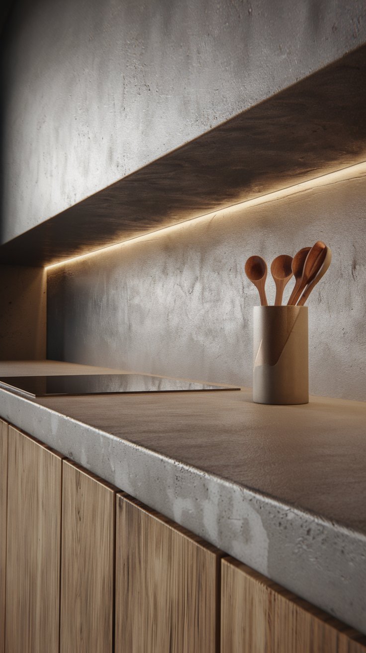 a modern kitchen concrete countertop. Minimalist style, smooth grey concrete surface. A single, elegant kitchen utensil holder with wooden spoons is placed on the counter