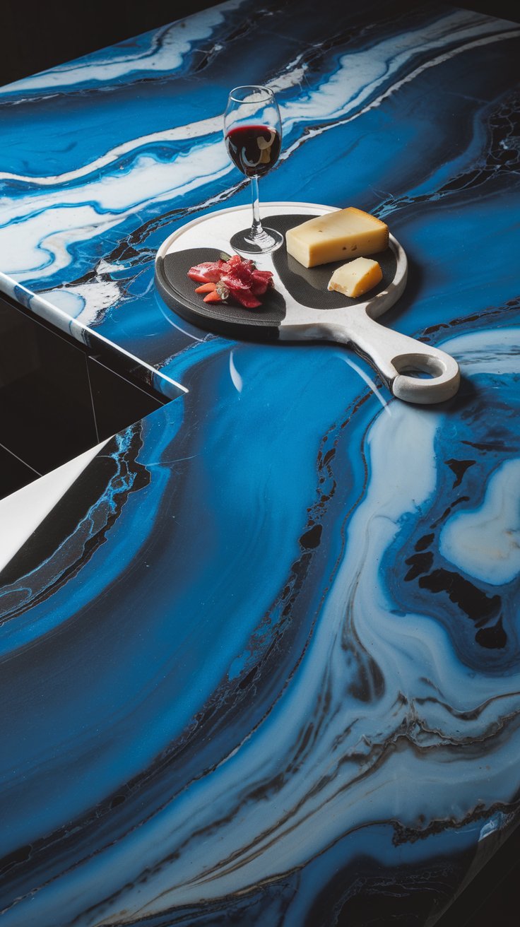 a kitchen countertop covered in a swirling blue and white epoxy resin design, mimicking marble. A glass of red wine and a cheese board are elegantly arranged on the countertop.