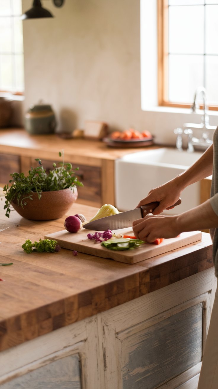 a butcher block kitchen countertop in a farmhouse-style kitchen. Chopping vegetables on a wooden cutting board is in progress. A ceramic bowl of fresh herbs is nearby.