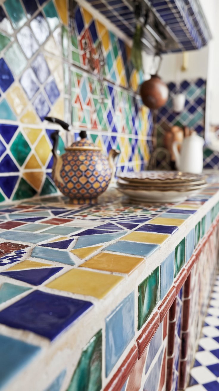 a colorful mosaic tile kitchen countertop. A bright and eclectic kitchen style. A patterned teapot and a stack of vintage plates are placed on the counter.