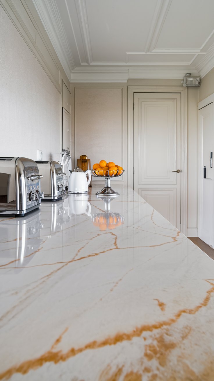 a kitchen countertop with a realistic marble-look laminate. A modern, minimalist kitchen setting. Sleek stainless steel appliances and a chrome fruit bowl are on the counter.