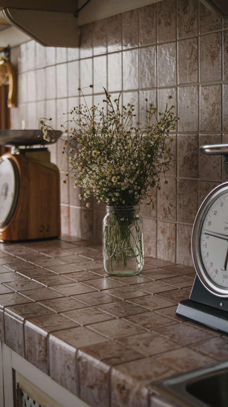 a kitchen countertop covered in peel and stick vinyl tiles that mimic granite. A cozy, cottage-style kitchen. A mason jar with wildflowers and a vintage scale are on the counter