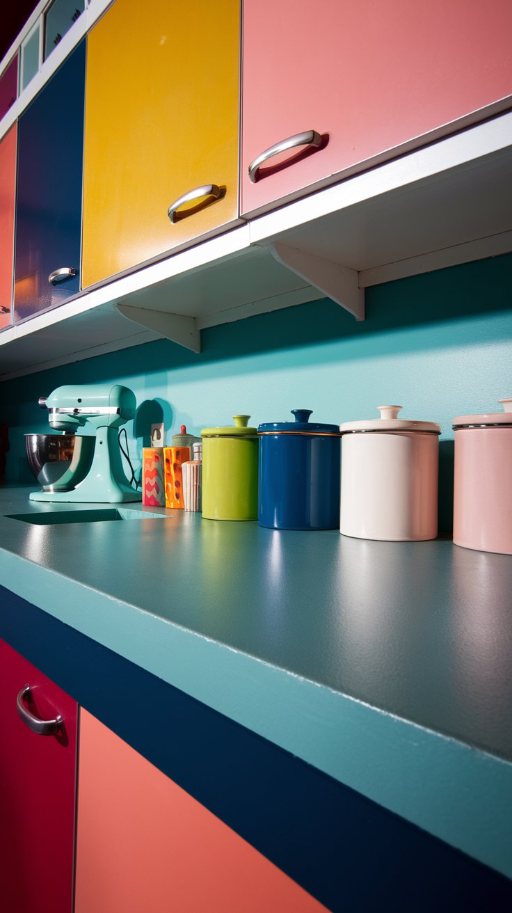 a kitchen countertop painted in a bold, vibrant color like teal or navy. A retro, mid-century modern kitchen style. Colorful kitchen canisters and a vintage mixer are on the counter.