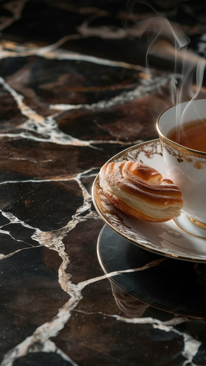 a kitchen countertop covered in marble-patterned contact paper. The texture and detail of the faux marble are highly realistic. A gold-rimmed teacup and a delicate pastry are placed on the counter.