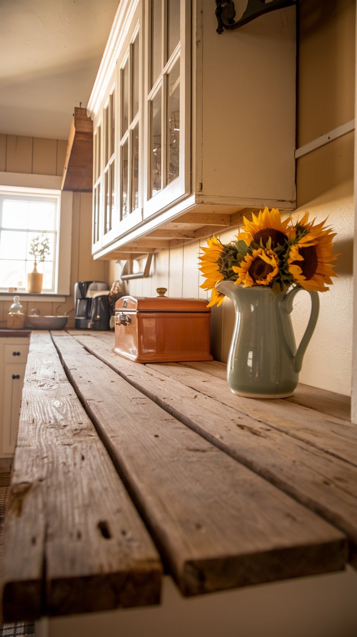 a kitchen countertop made from reclaimed pallet wood in a rustic farmhouse kitchen. A vintage breadbox and a ceramic pitcher filled with sunflowers are on the counter.
