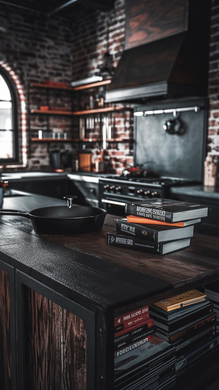 a kitchen countertop made from dark, reclaimed barn wood in an industrial-style kitchen. Exposed brick walls and metal accents in the background. A cast iron skillet and a stack of cookbooks are on the counter