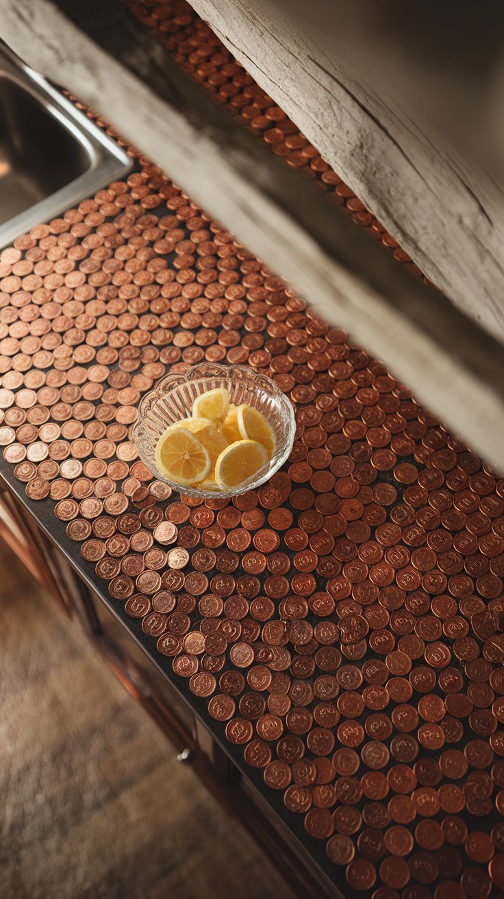 a kitchen countertop covered in shiny copper pennies. The pennies are arranged in a decorative pattern. A delicate glass bowl with lemon slices is placed on the counter.