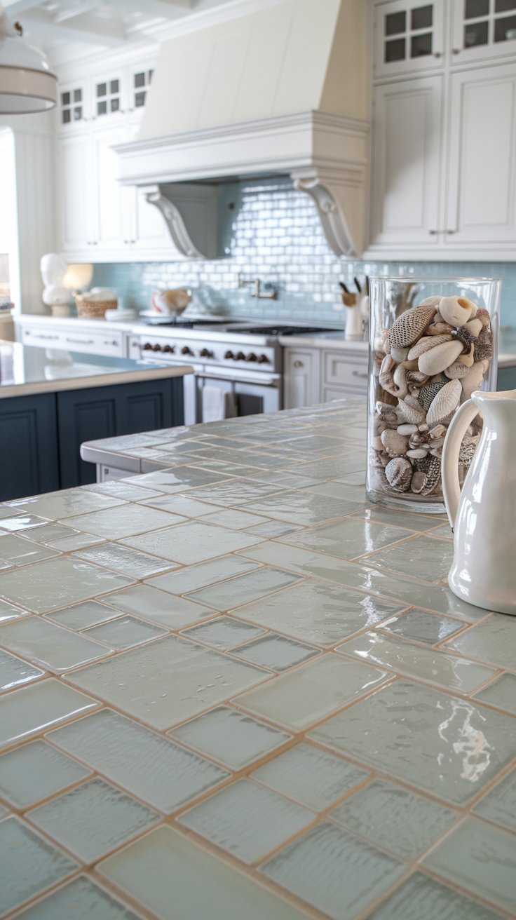 a kitchen countertop covered in shimmering light blue glass tiles. A bright, coastal-style kitchen. Seashells in a clear vase and a white ceramic pitcher are on the counter.