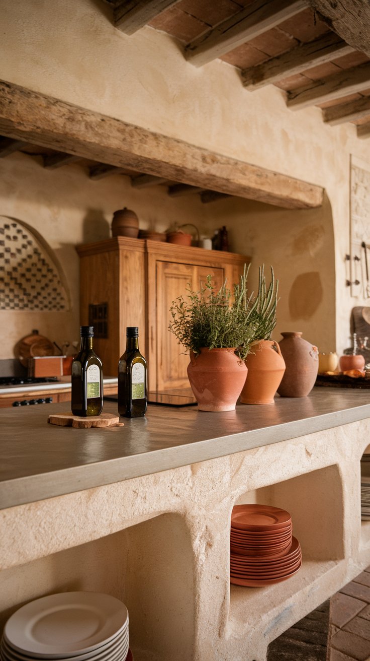 a kitchen countertop covered in natural stone veneer. A rustic, Tuscan-style kitchen. Olive oil bottles and terracotta pots with herbs are on the counter.
