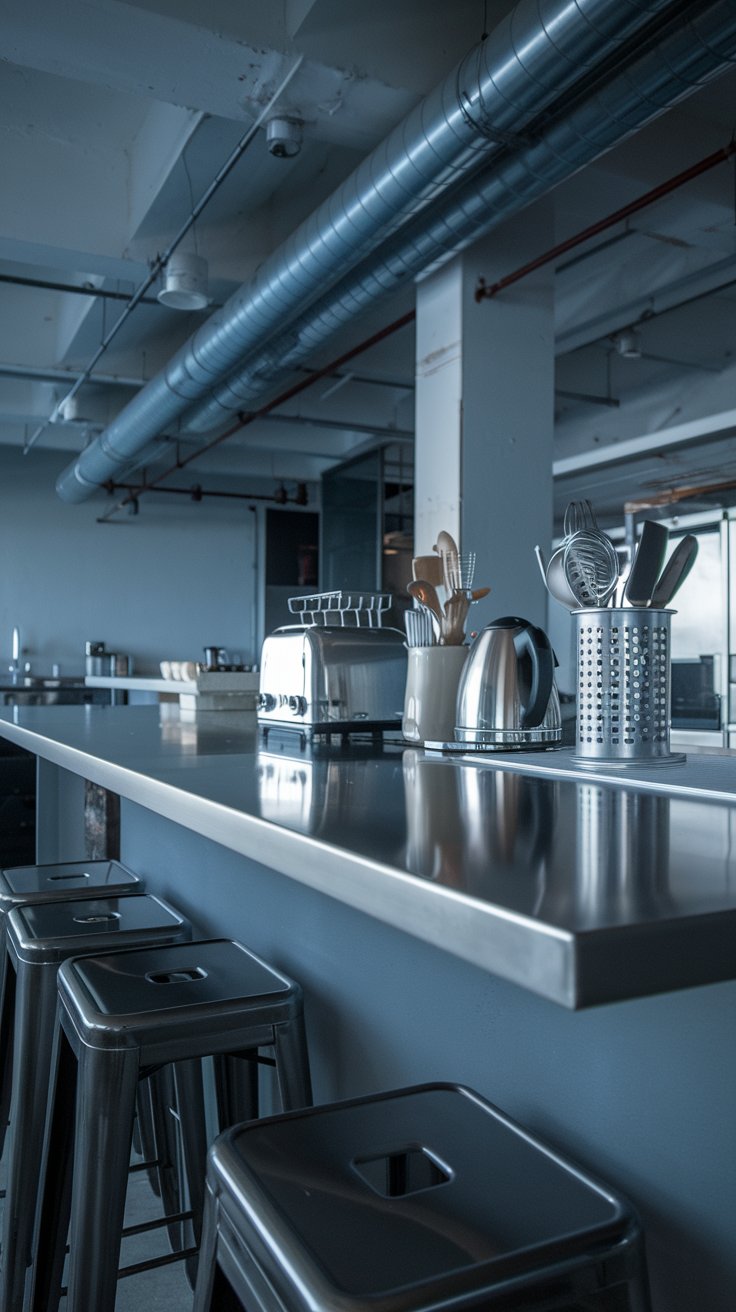 a kitchen countertop painted with stainless steel effect paint in a modern industrial kitchen. Exposed ductwork and metal bar stools in the background. Sleek stainless steel appliances and a metal utensil holder are on the counter.