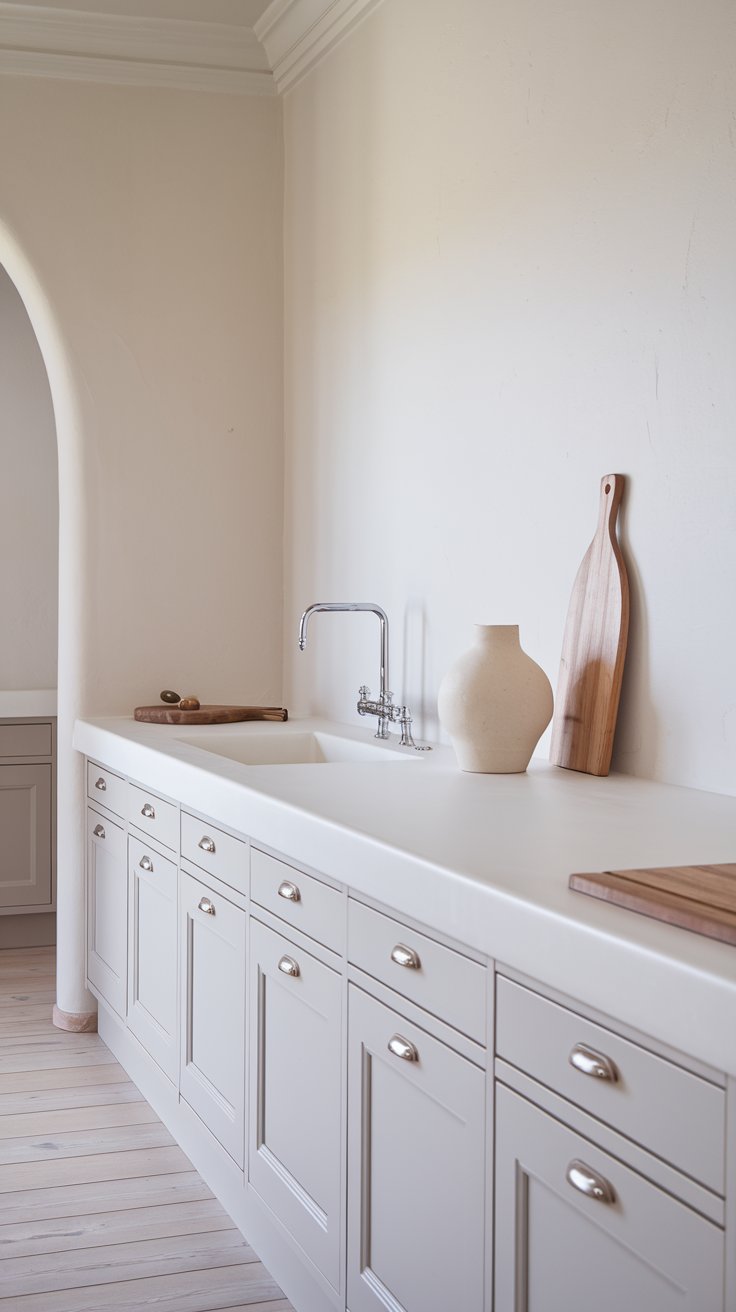 a kitchen countertop with a smooth, white solid surface finish, similar to Corian. A Scandinavian-style kitchen with light wood accents. A minimalist ceramic vase and a wooden cutting board are on the counter