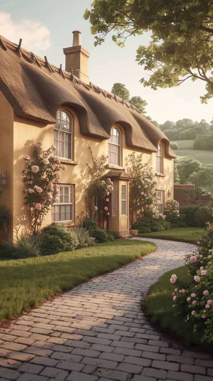 exterior, mystical cottage of Cotswolds, England, golden hour, thatched roof, honey-colored stone walls, climbing roses, cobblestone path leading to the front door, lush green garden