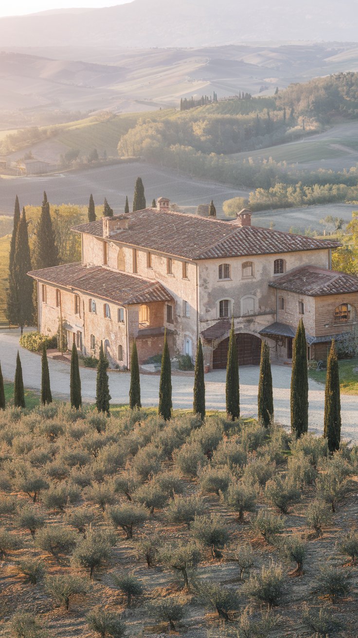 exterior, rugged stone farmhouse in Tuscany, Italy, sunny afternoon, terracotta roof, weathered stone walls, cypress trees lining a gravel driveway, olive groves in the foreground