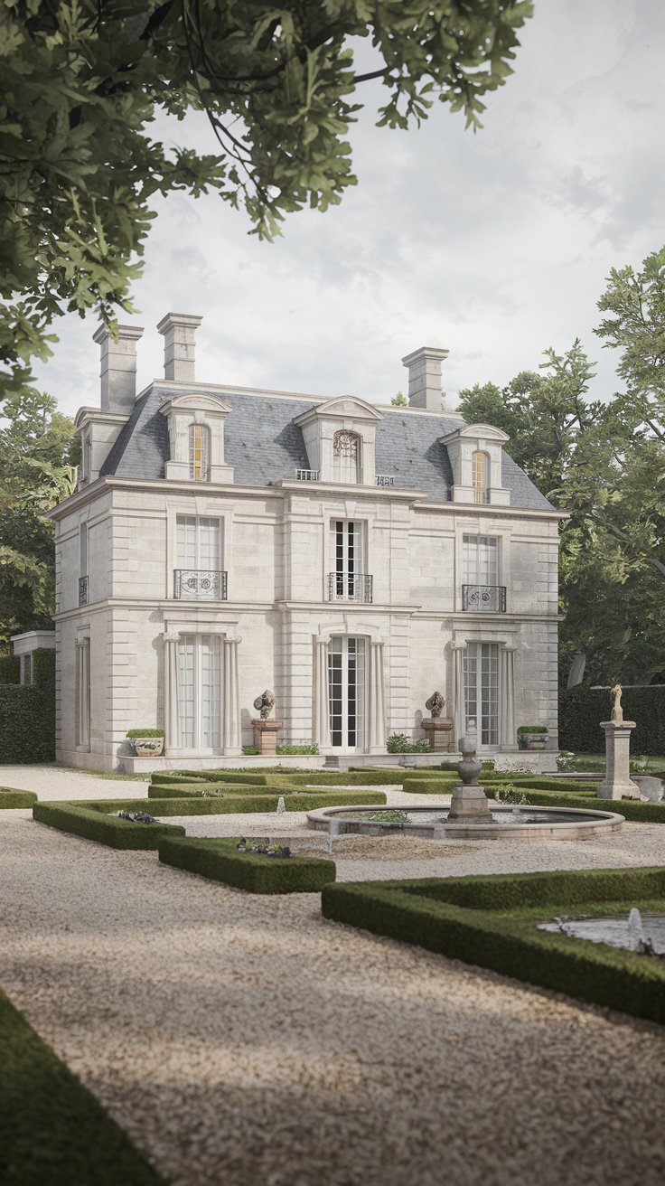 exterior, grand stone manor house in Loire Valley, France, overcast day, slate roof, light grey stone walls, elegant French windows, formal gardens with gravel paths and fountains in front, mature trees surrounding the property