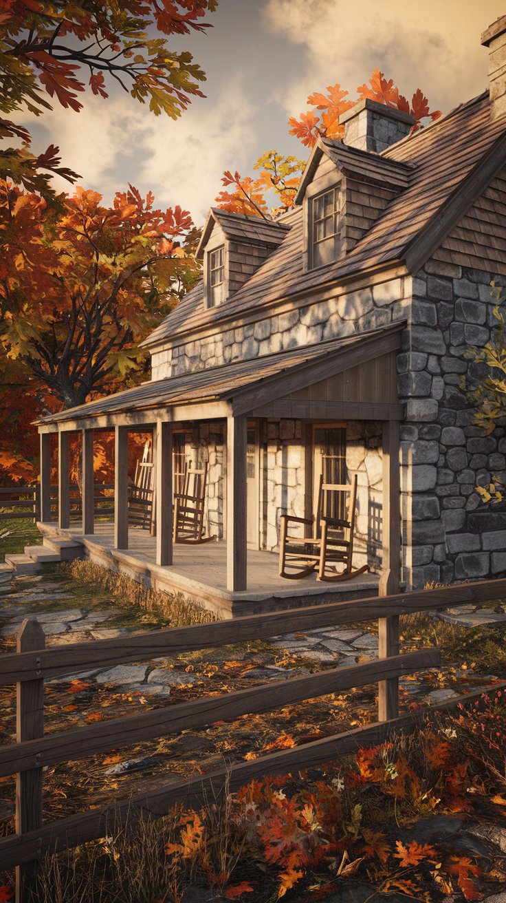 exterior, resilient stone homestead in Pennsylvania, USA, autumn afternoon, shingle roof, fieldstone walls, covered porch with wooden rocking chairs, split rail fence, colorful fall foliage in surrounding woods