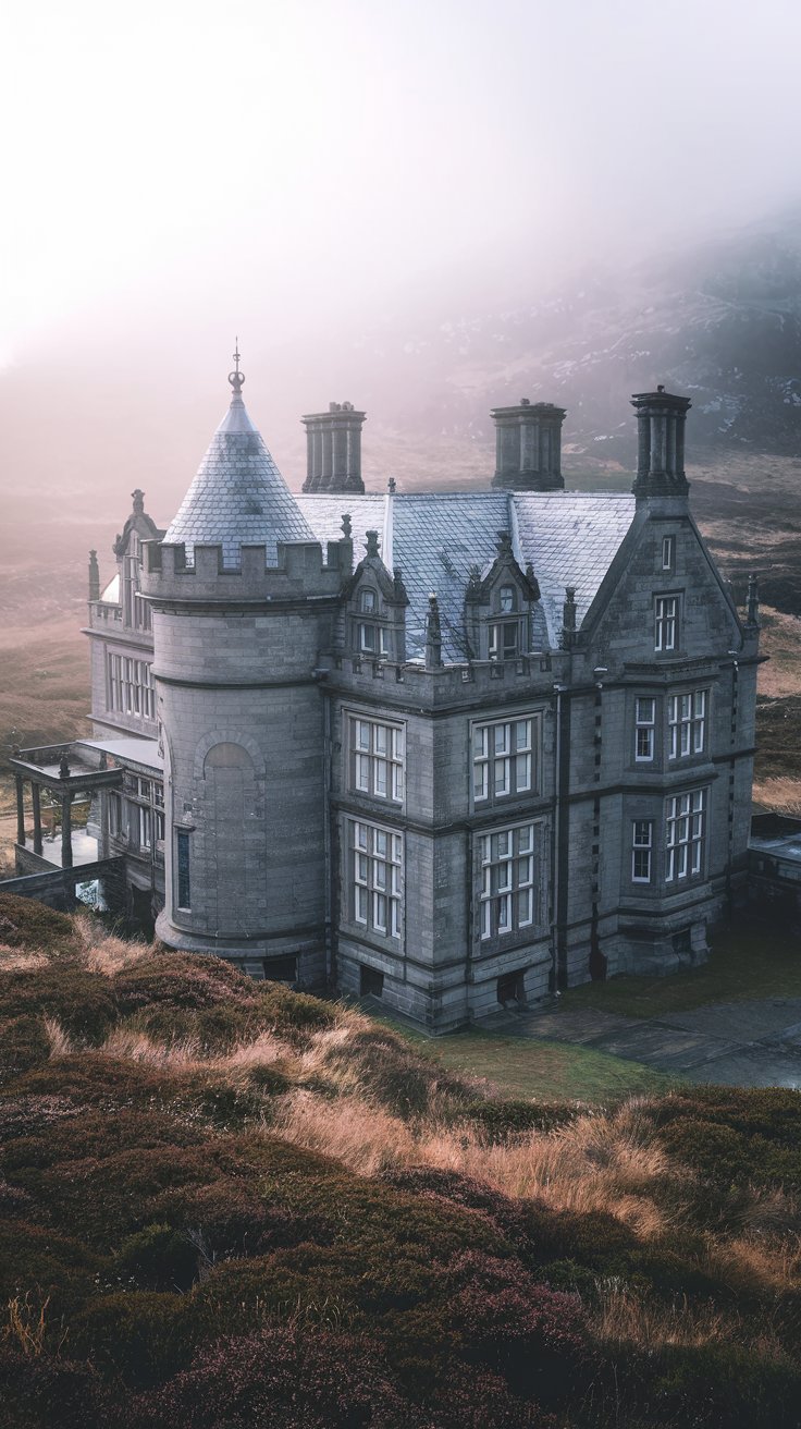 exterior, stately stone mansion in Scotland, misty morning, grey slate roof, dark grey granite walls, turret, arched windows, heather and rugged terrain surrounding the house