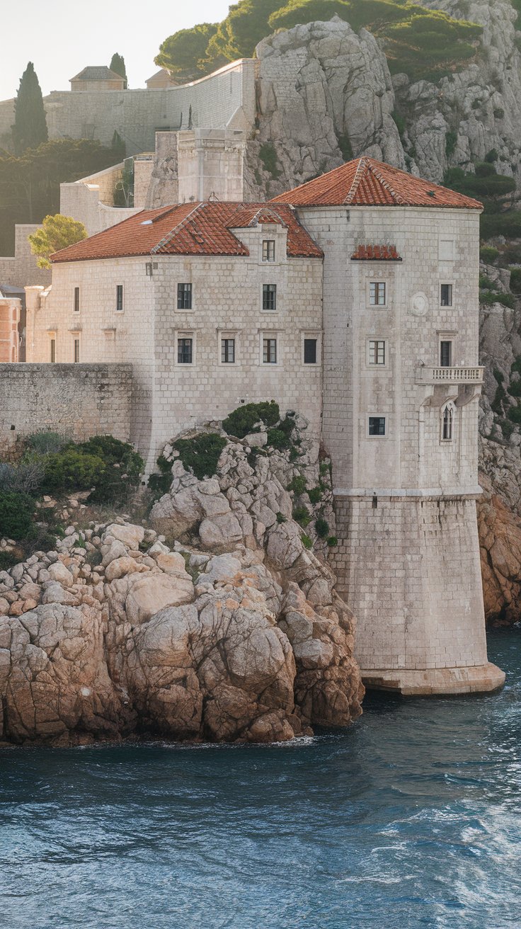 exterior, robust stone fortress house in Dubrovnik, Croatia, sunny morning, terracotta roof, light grey limestone walls, small windows, perched on a cliff overlooking the Adriatic Sea, ancient stone walls and fortifications surrounding the house