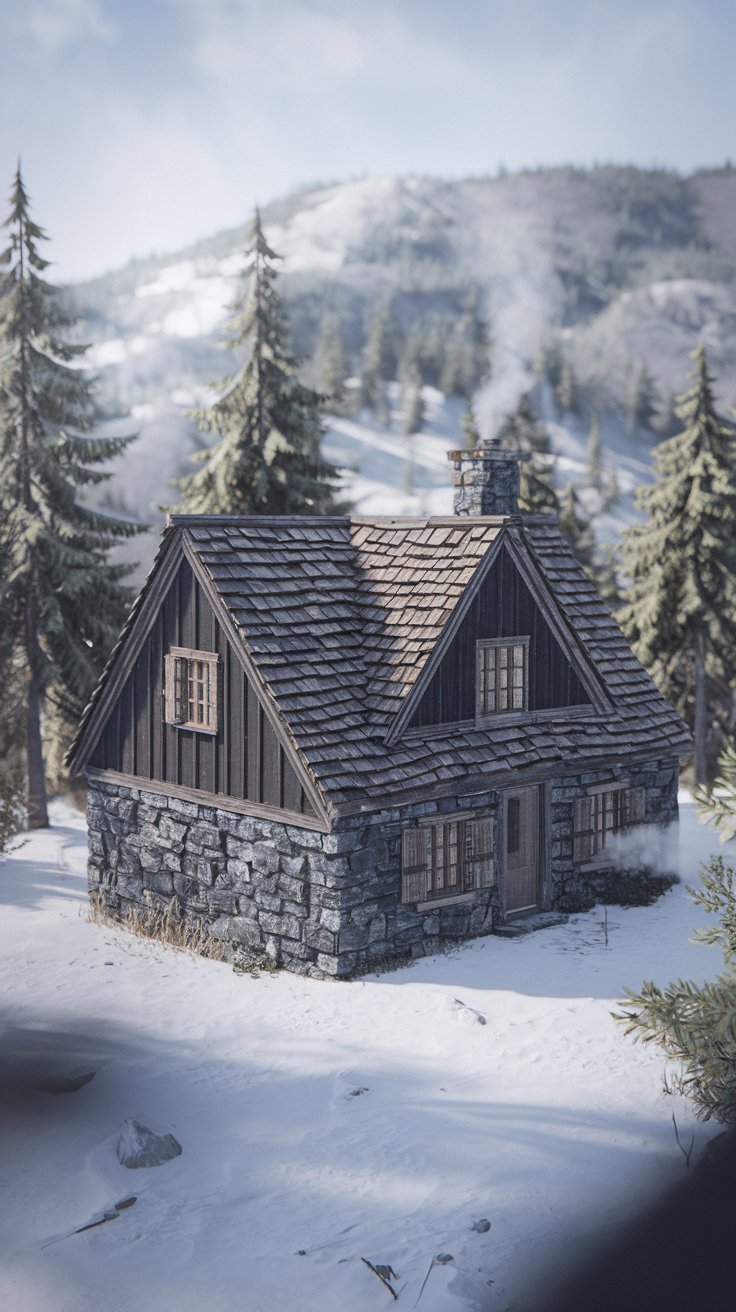 exterior, cozy stone cabin in the Appalachian Mountains, USA, snowy winter day, dark grey stone walls, wooden shingle roof, smoke coming from chimney, snow covered pine trees surrounding the cabin