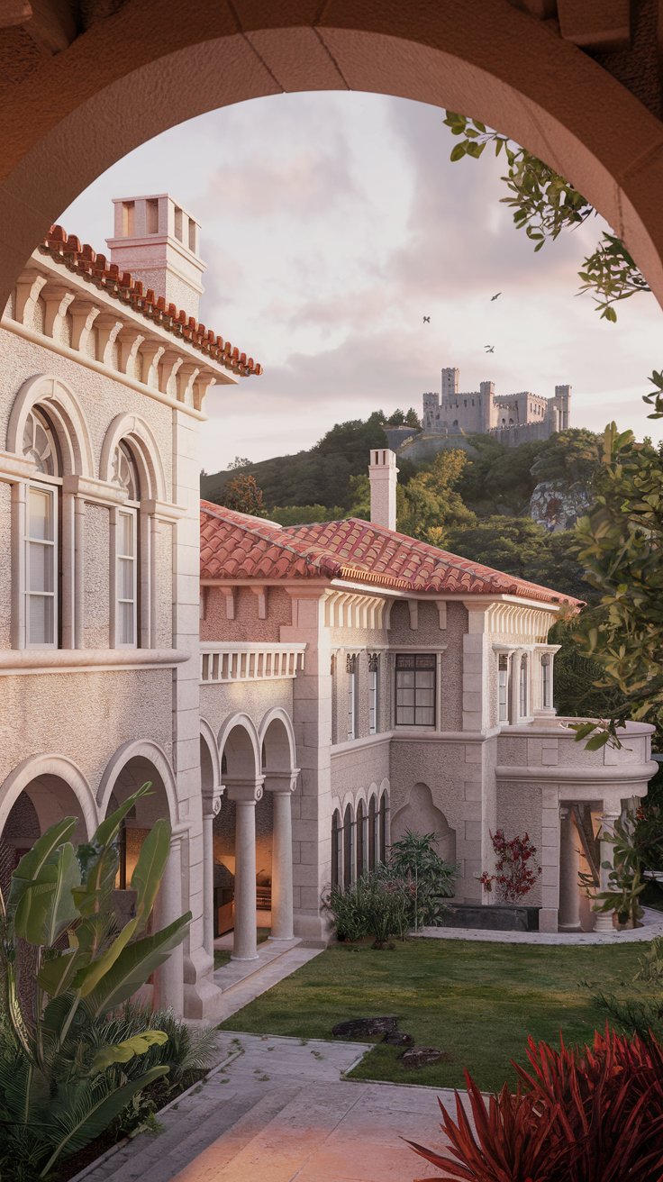 exterior, elegant stone villa in Sintra, Portugal, late afternoon, terracotta roof, light beige granite walls, arched doorways and windows, lush green gardens with exotic plants, Pena Palace visible in the distance on a hilltop